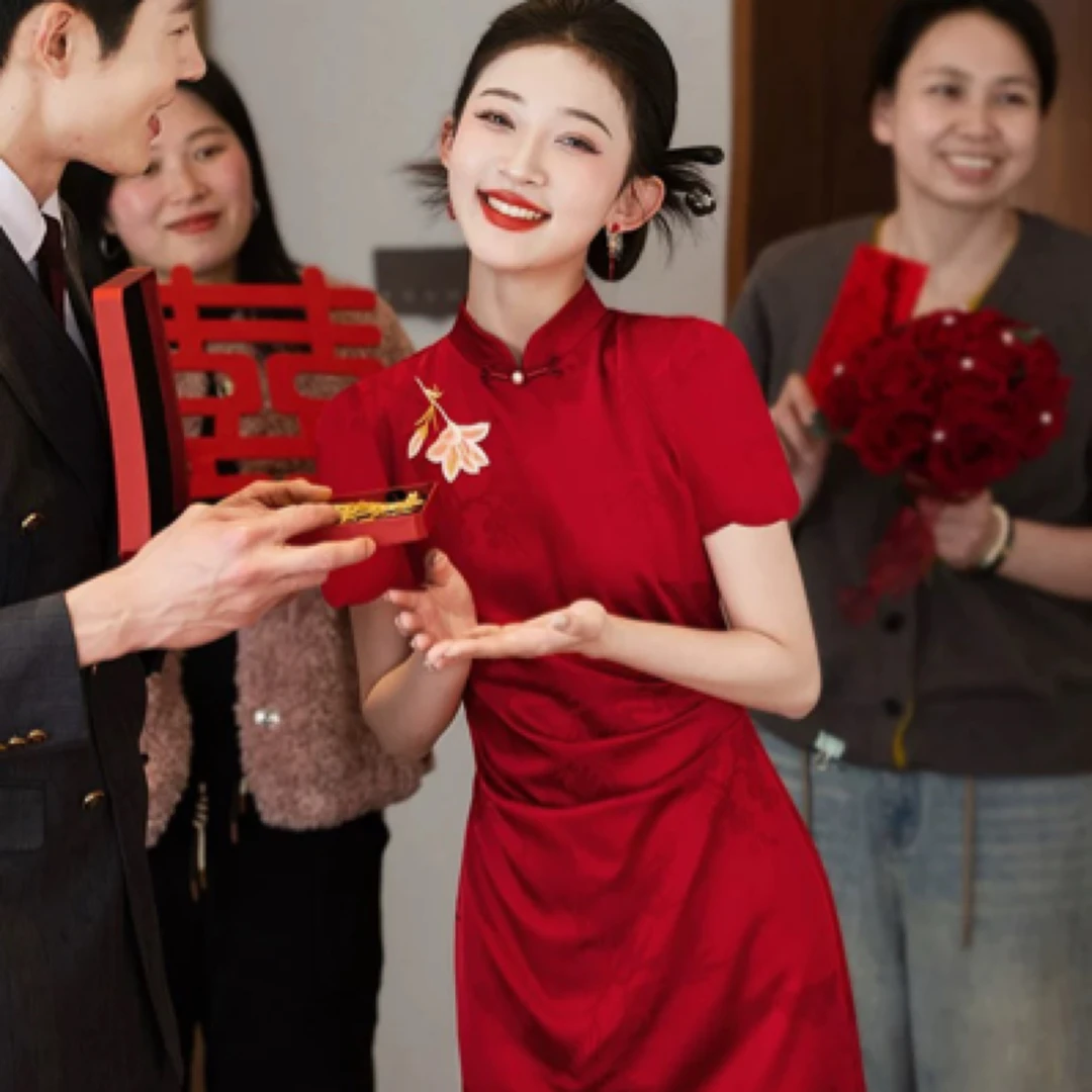 新中式红色旗袍敬酒服新娘绝美订婚礼服裙结婚当天回门便装小个子