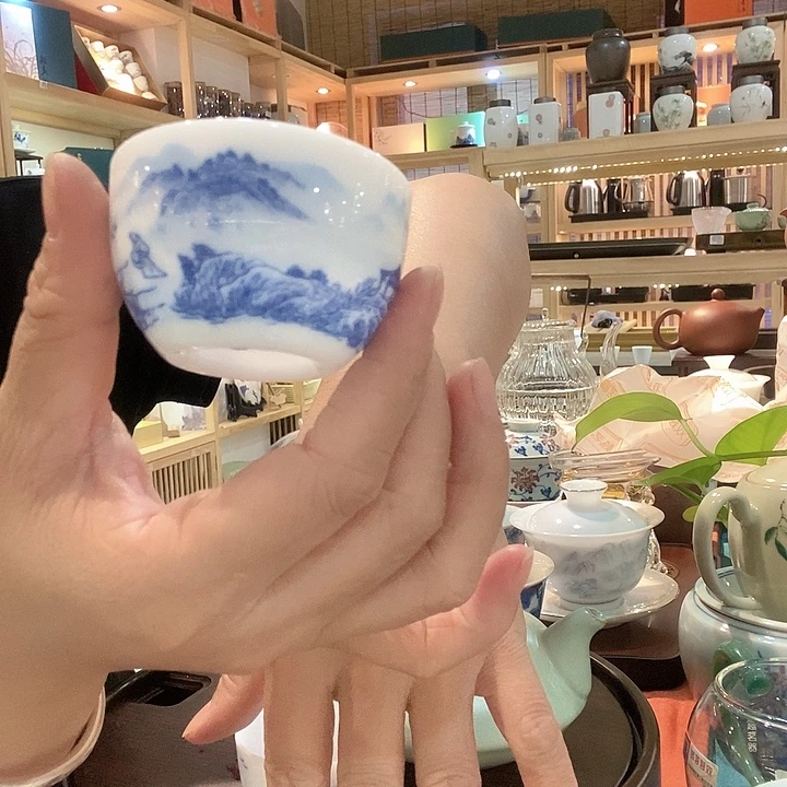 青花冰种 羊脂白玉杯2个