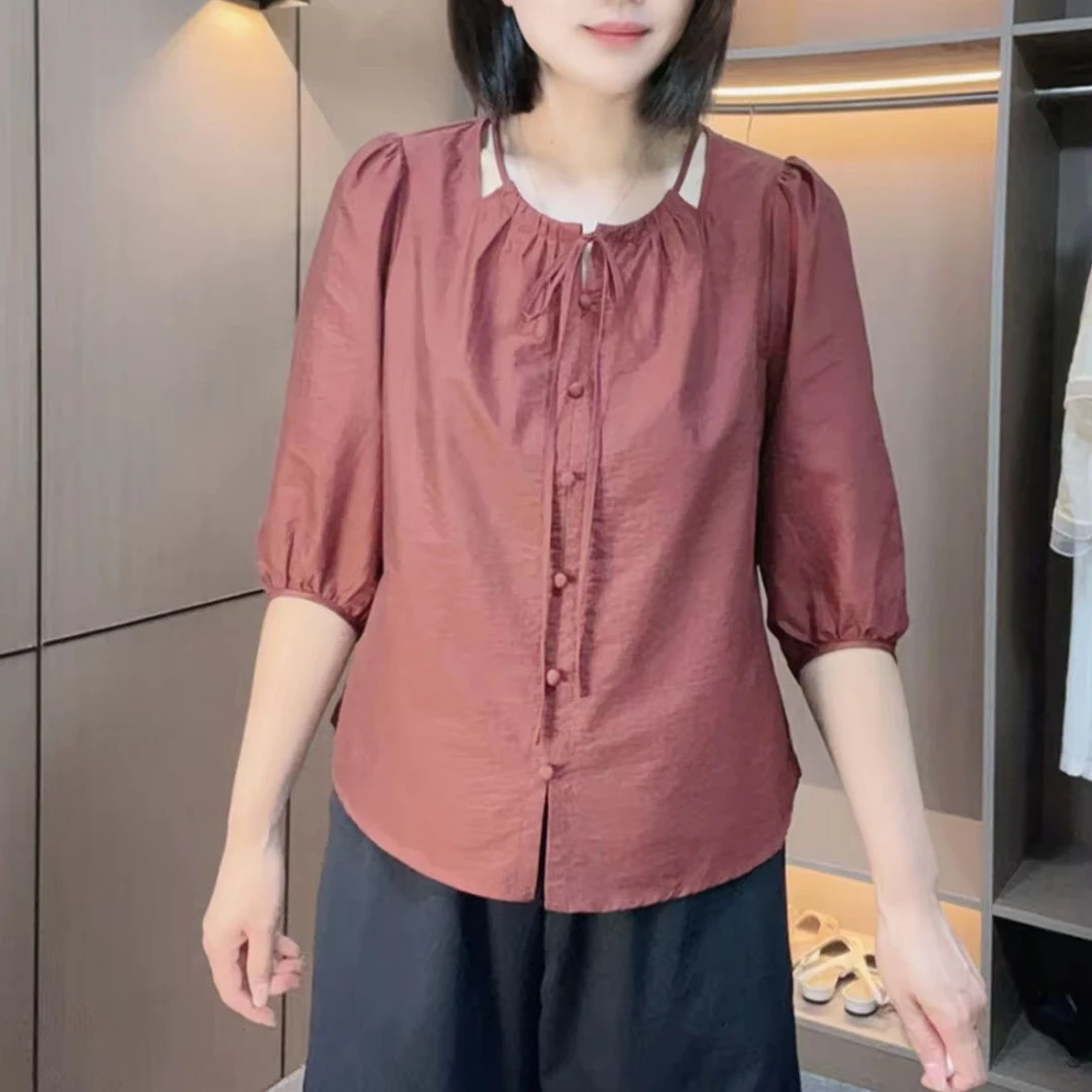 夏季新款韩版宽松小衫五分袖圆领减龄时尚透气吸汗减龄套头上衣