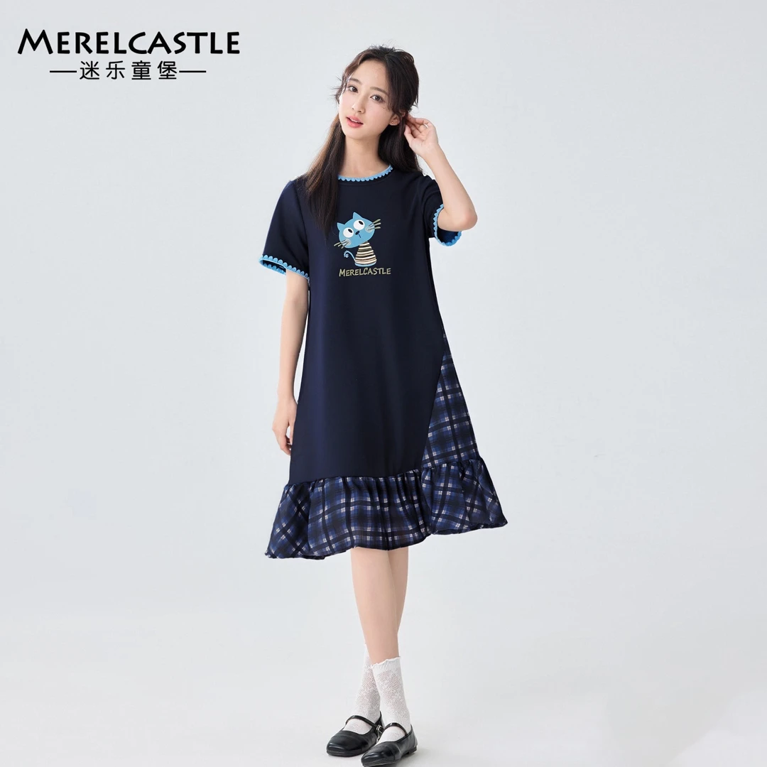 C5731女大童字母可爱猫拼接连衣裙