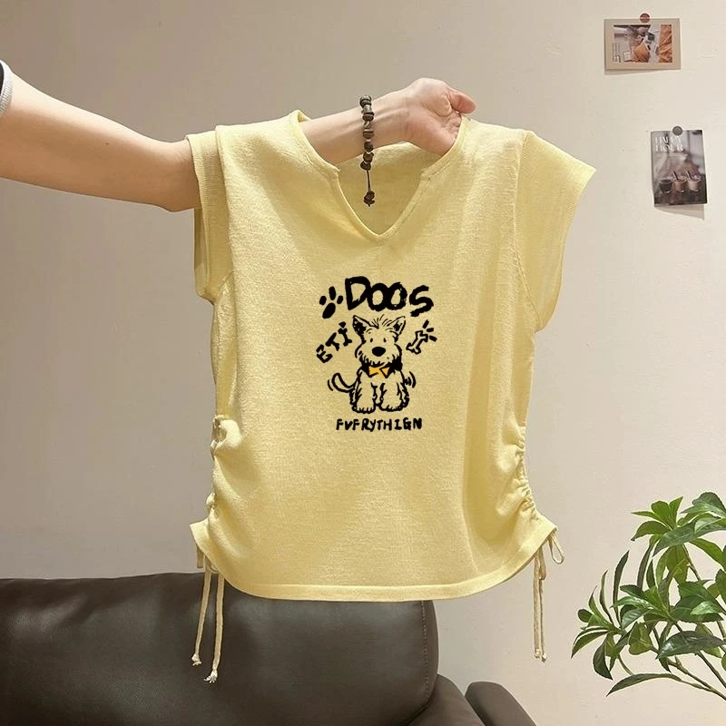 奶黄色V领针织短袖t恤女夏季爆款设计感褶皱收腰显瘦小飞袖上衣潮