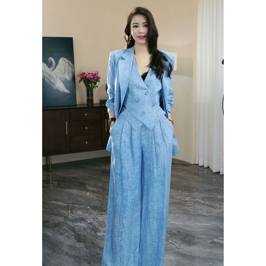 ZEROYK翎蔻 深圳南油老钱风时尚套装夏蓝亚麻西装马甲裤子三件套