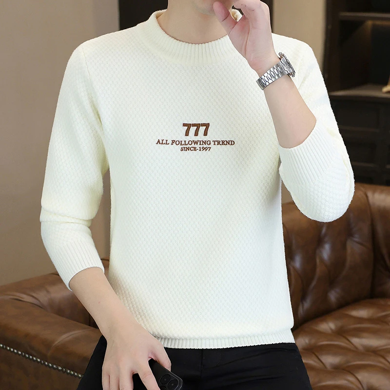 高档欧棉绒圆领提花针织毛衣男士冬季时尚保暖潮流打底衫男装6659