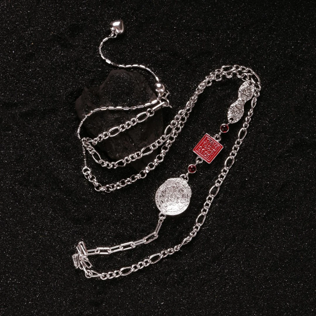 链子925银 N18107 <九宫八卦>红色经文方牌祥云杵拼接链条项链
