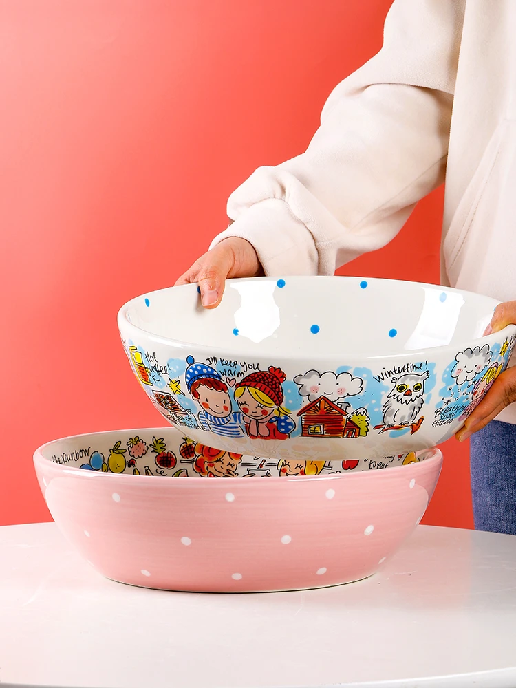 创意卡通大盆家用欧式陶瓷水果盆12英寸圆形食品级和面盆荷兰太太