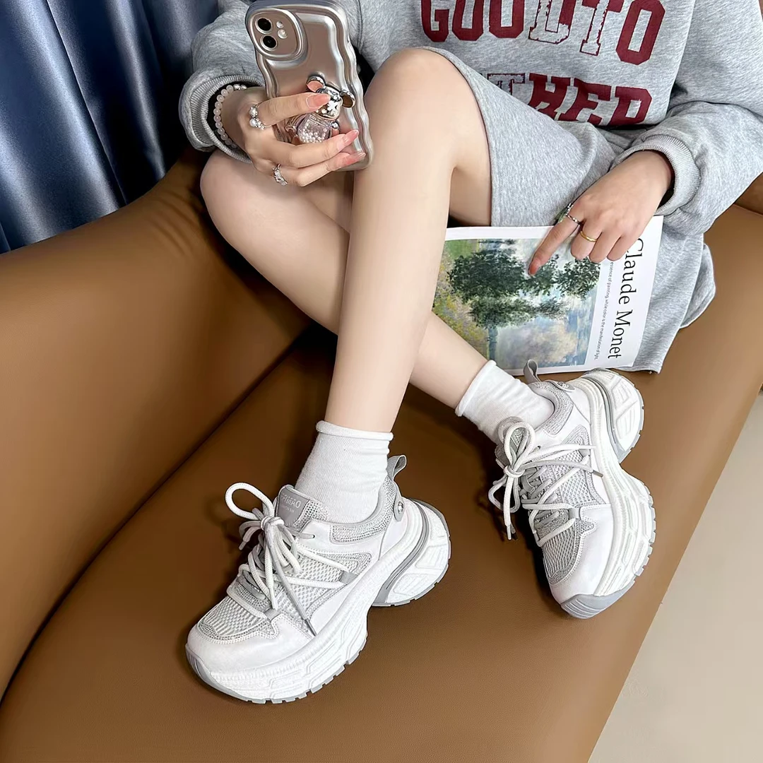 苏丽诺厚底水钻白色老爹鞋女2025新款网面透气休闲运动鞋5311