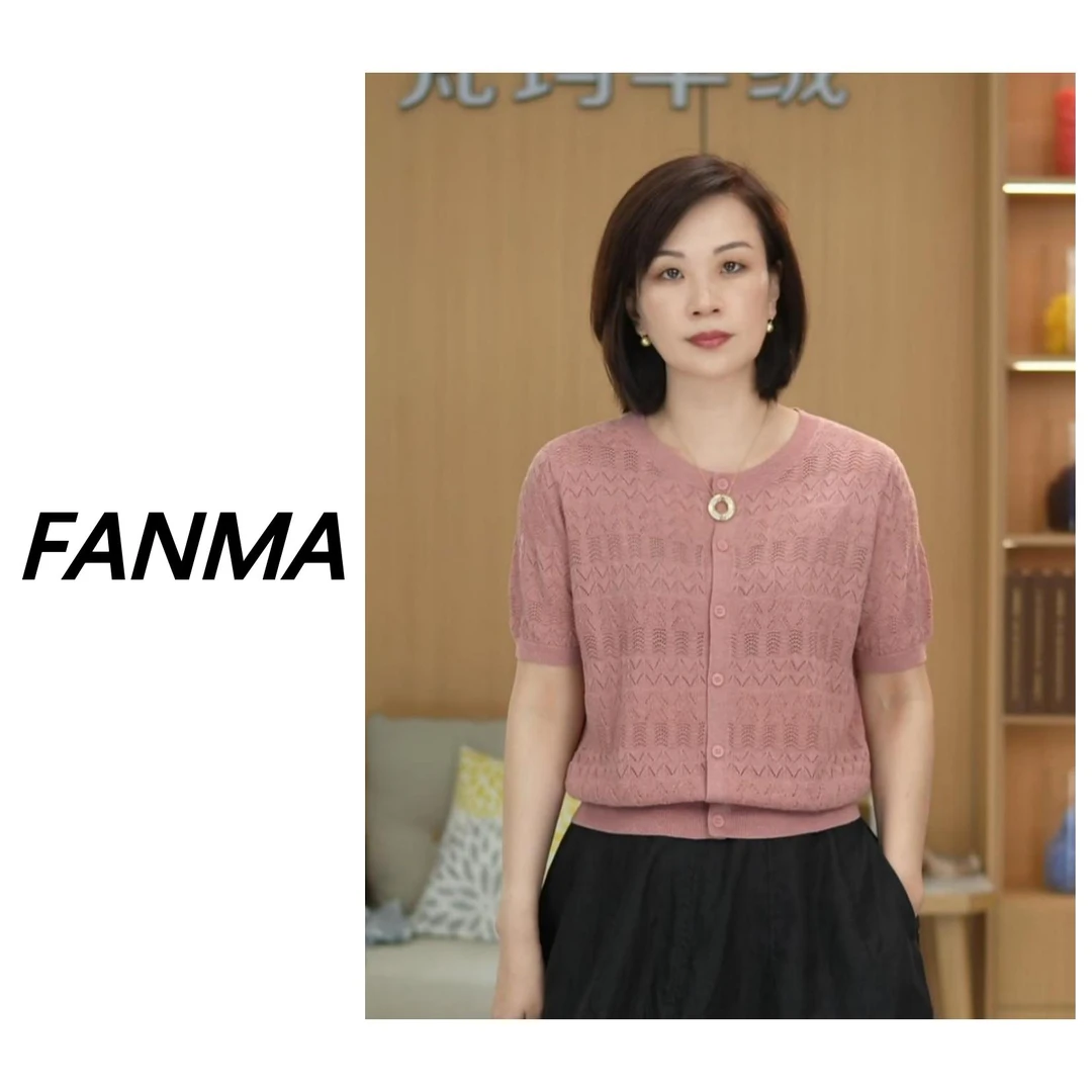 #麻花天丝开衫# 圆领含亚麻镂空设计女士短袖针织衫 F208-5039