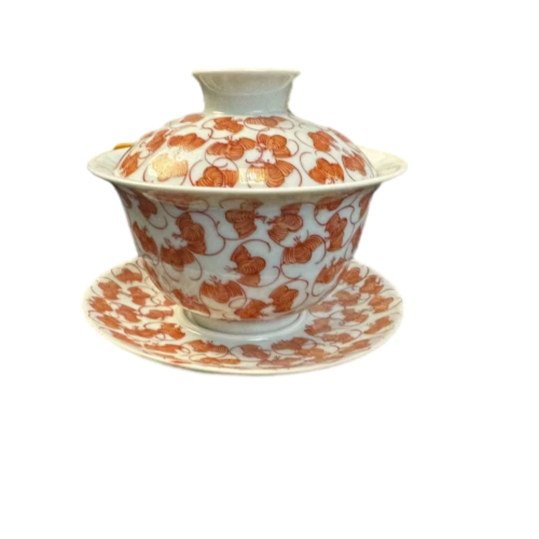 清同治矾红彩三才盖碗