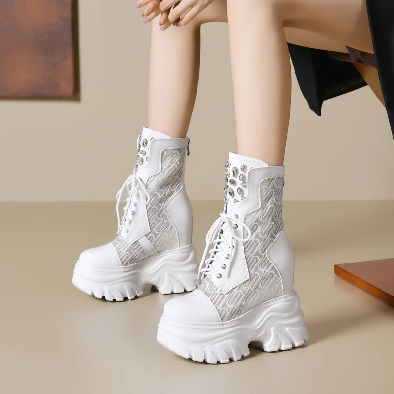 14公分内增高凉靴女网纱坡跟网红马丁靴真皮厚底显高拼接网面靴女