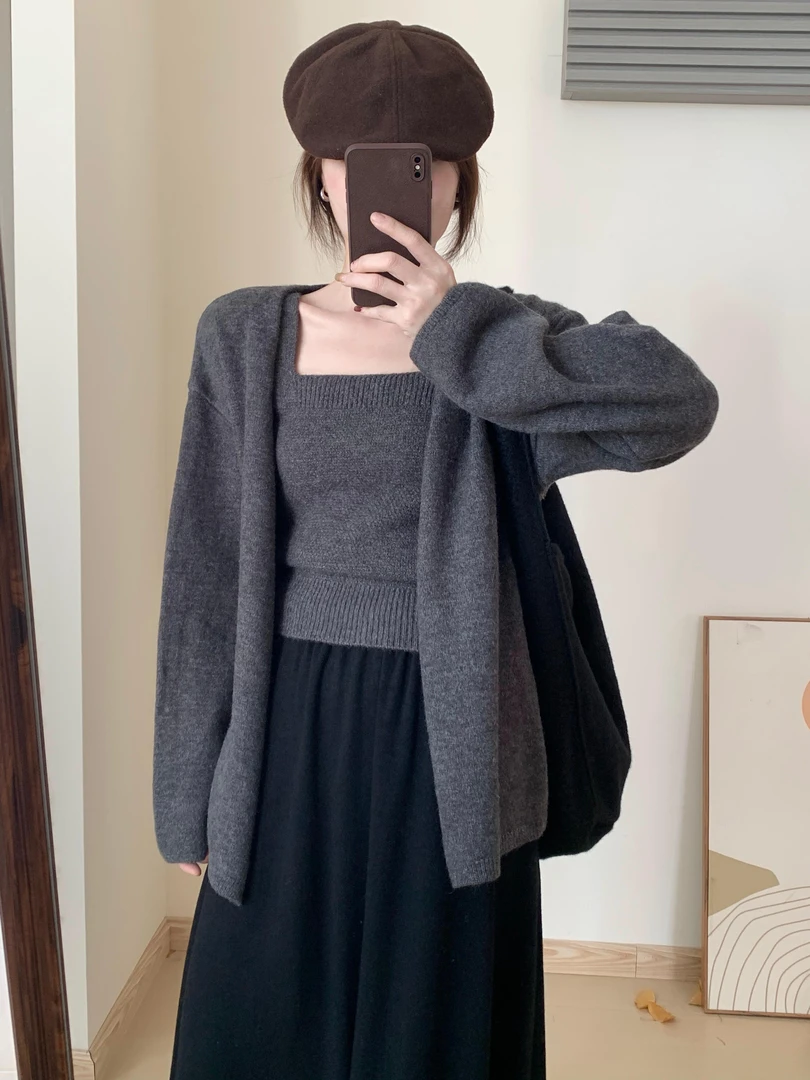 纯色休闲加厚吊带背心针织开衫两件套2025秋冬新款洋气减龄套装