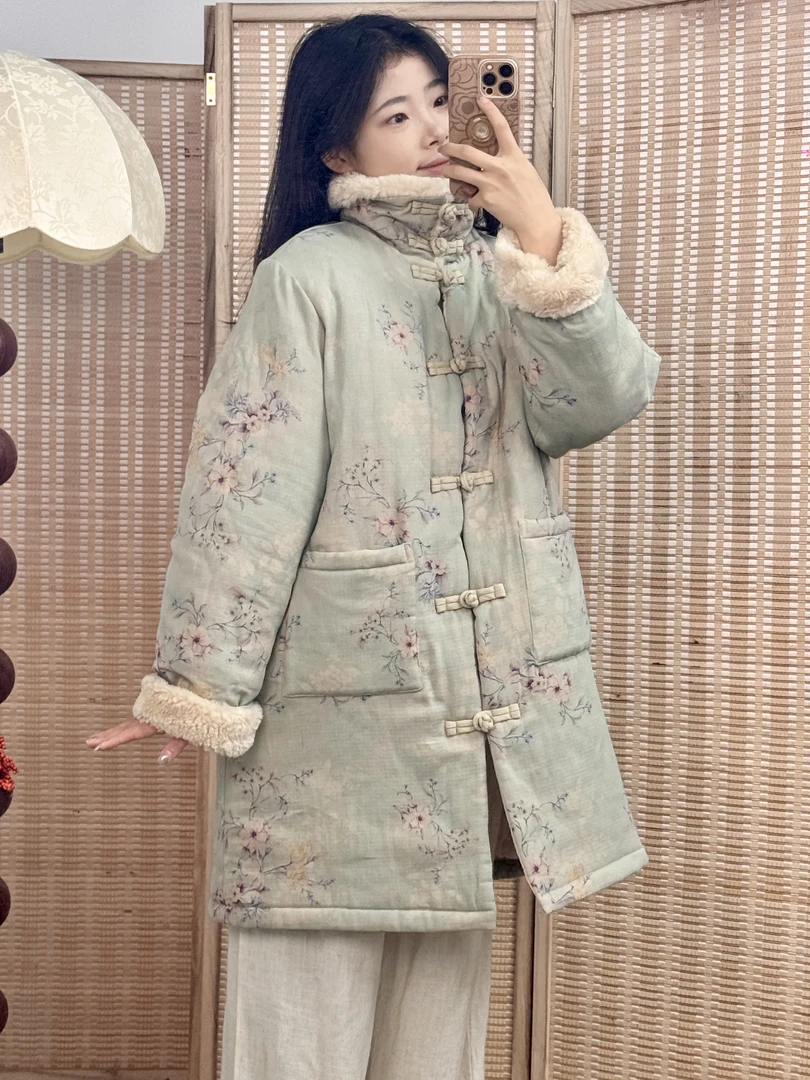 楠溪纪【A6027】国风手工盘扣冬款保暖加厚长款棉服翻毛领（棉花）