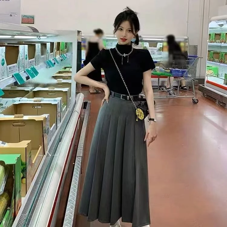 秋款收腰显瘦 百搭短袖T恤西装百褶裙时尚套装半身长裙+皮带三件