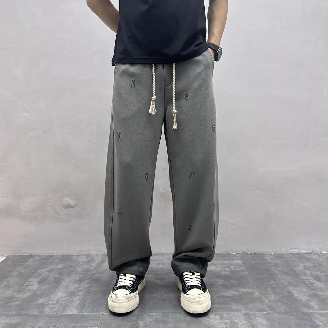 冬季复古重磅潮牌运动卫裤做旧抓痕字母加绒休闲裤男松紧腰阔腿裤