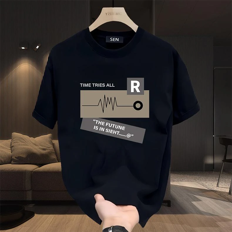 2025美式潮牌男士纯棉T恤圆领上衣印花时尚宽松短袖打底衫夏季