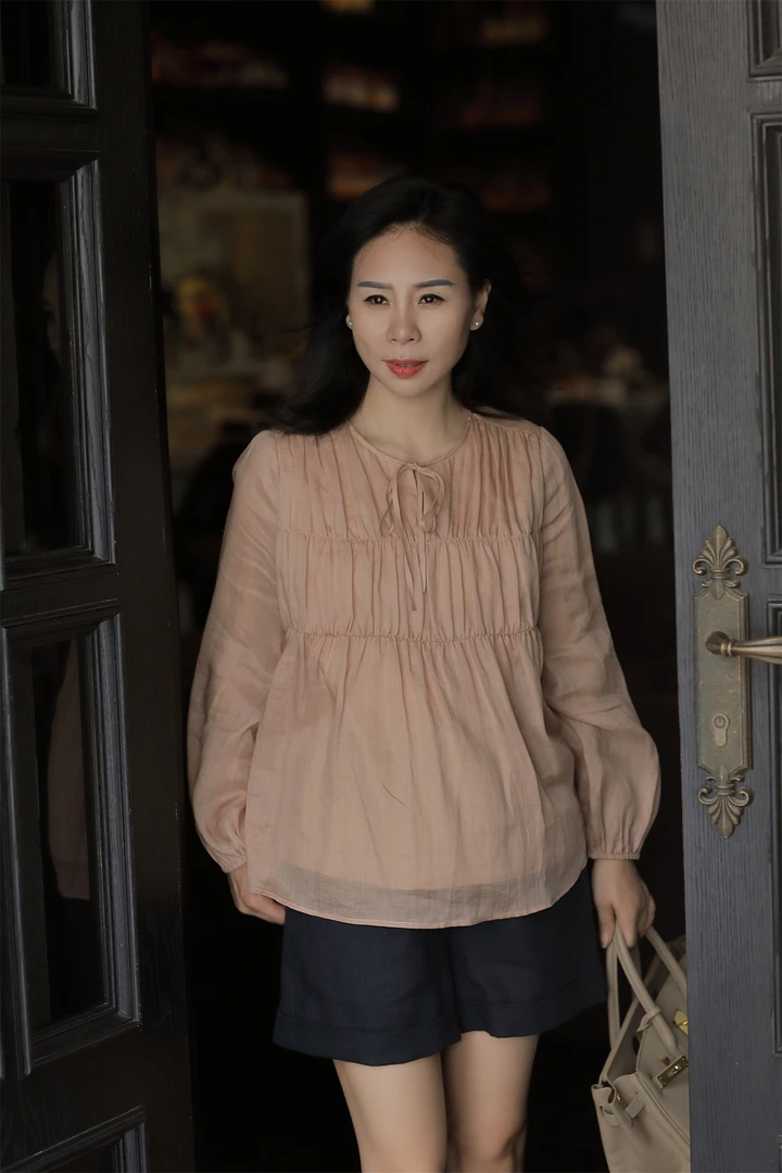 【杜小小】法式显瘦气质百搭设计抽褶系带时尚长袖宽松苎麻衬衫9930