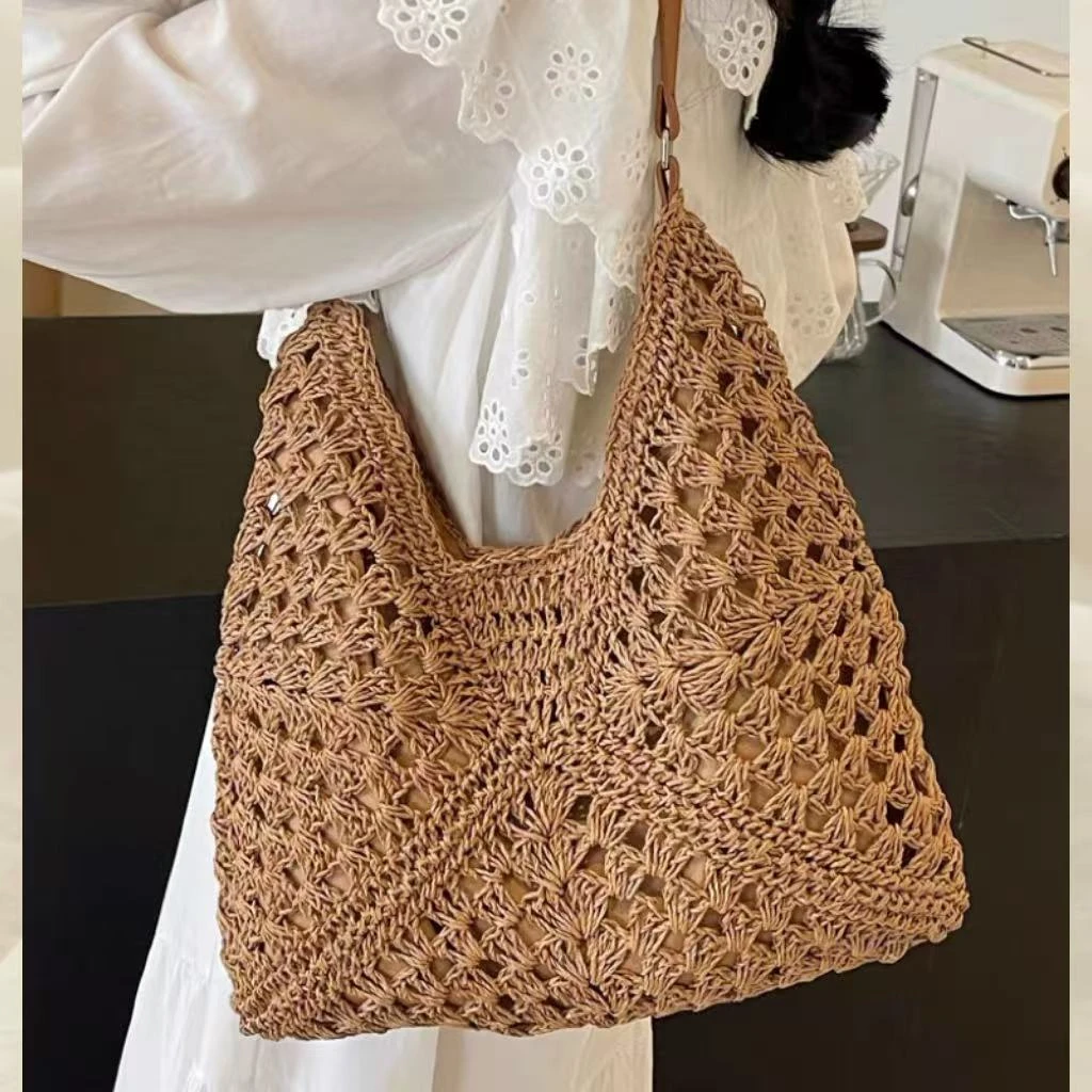 涵玖玥【暗扣】草编镂空花编织单肩包小众手提森系