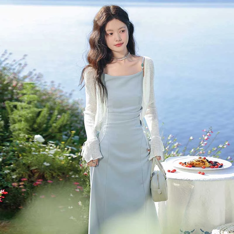 【两件套】法式气质蓝色吊带连衣裙女2025春夏季开衫套装D0716