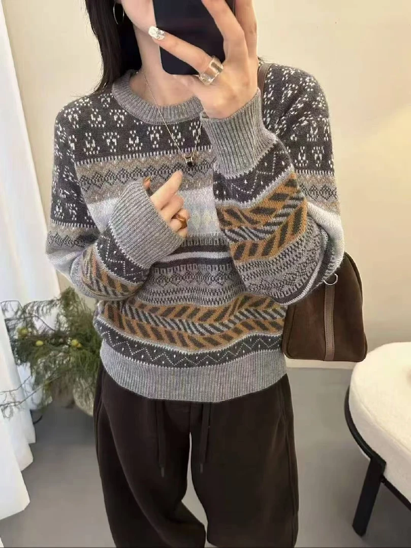法式复古费尔岛拼色通勤提花针织打底条纹毛针织衫轻职风毛衣圆领