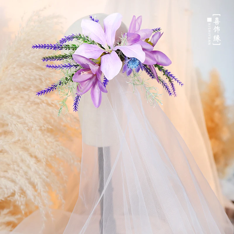 森系淡紫色仿真花新娘头饰甜美减龄新娘礼服晨袍公主发饰20250366