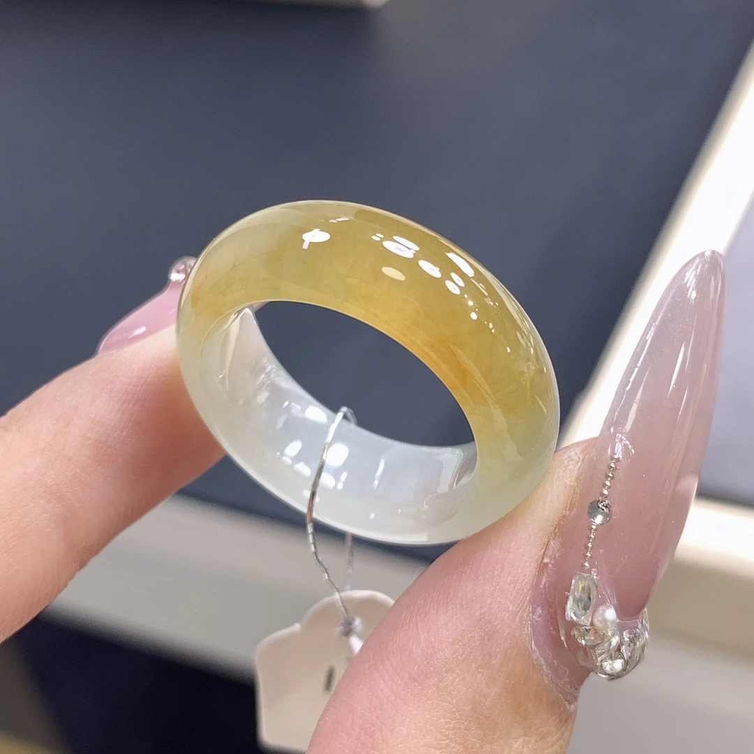 18圈 缅甸天然翡翠 宽版半山水冰黄翡戒圈尺寸18.5-8-4.4mm