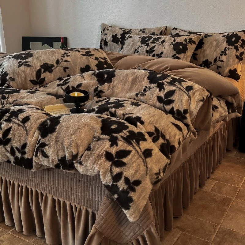 床盖床裙秋冬加厚保暖牛奶绒四件套被套床单家用床上用品南通家纺