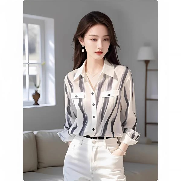 春季新款女装高级感法式复古印花条纹衬衫超好看显瘦绝美上衣