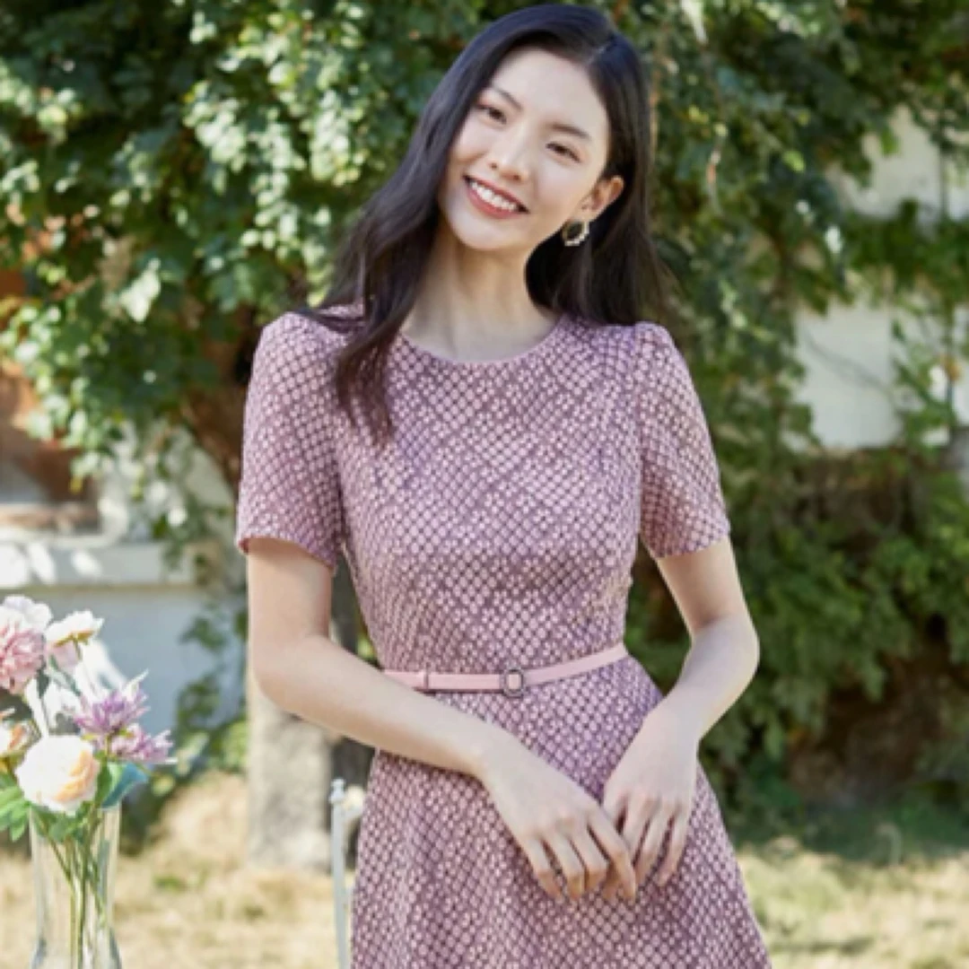 优雅气质蕾丝连衣裙短袖收腰设计夏季时尚裙子