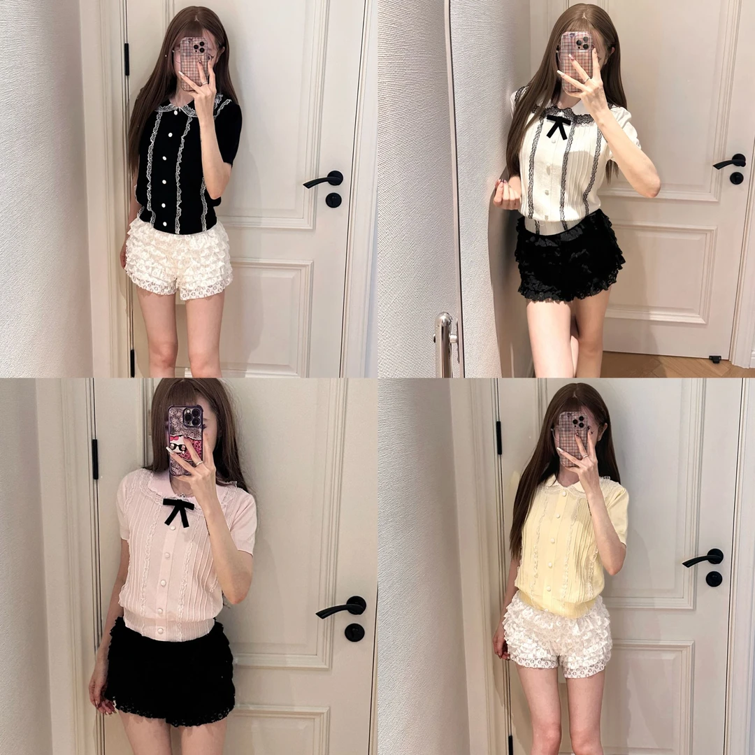 （有运补）缪系法则穿搭娃娃领花边蕾丝撞色重工小香风短袖针织上衣