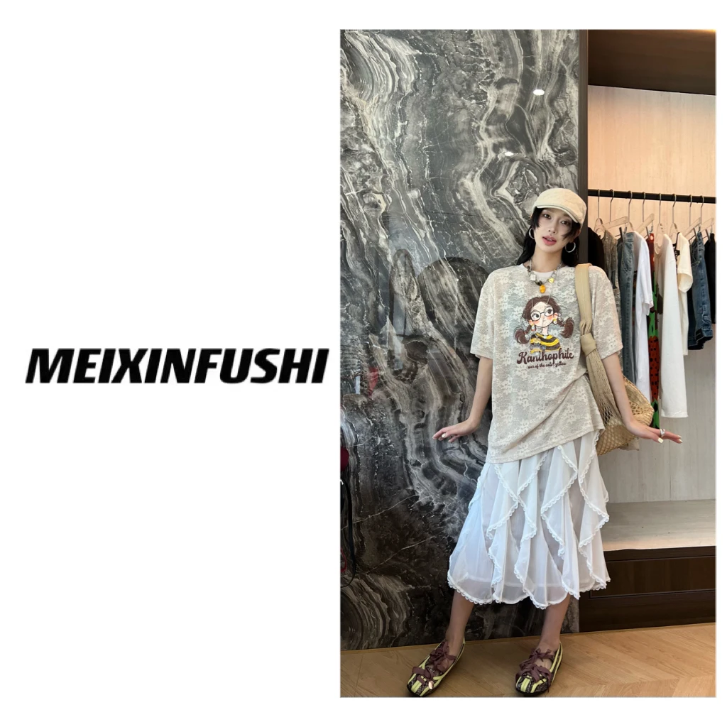 【Mei Xin】女孩图案网纱拼接短袖/2586/D