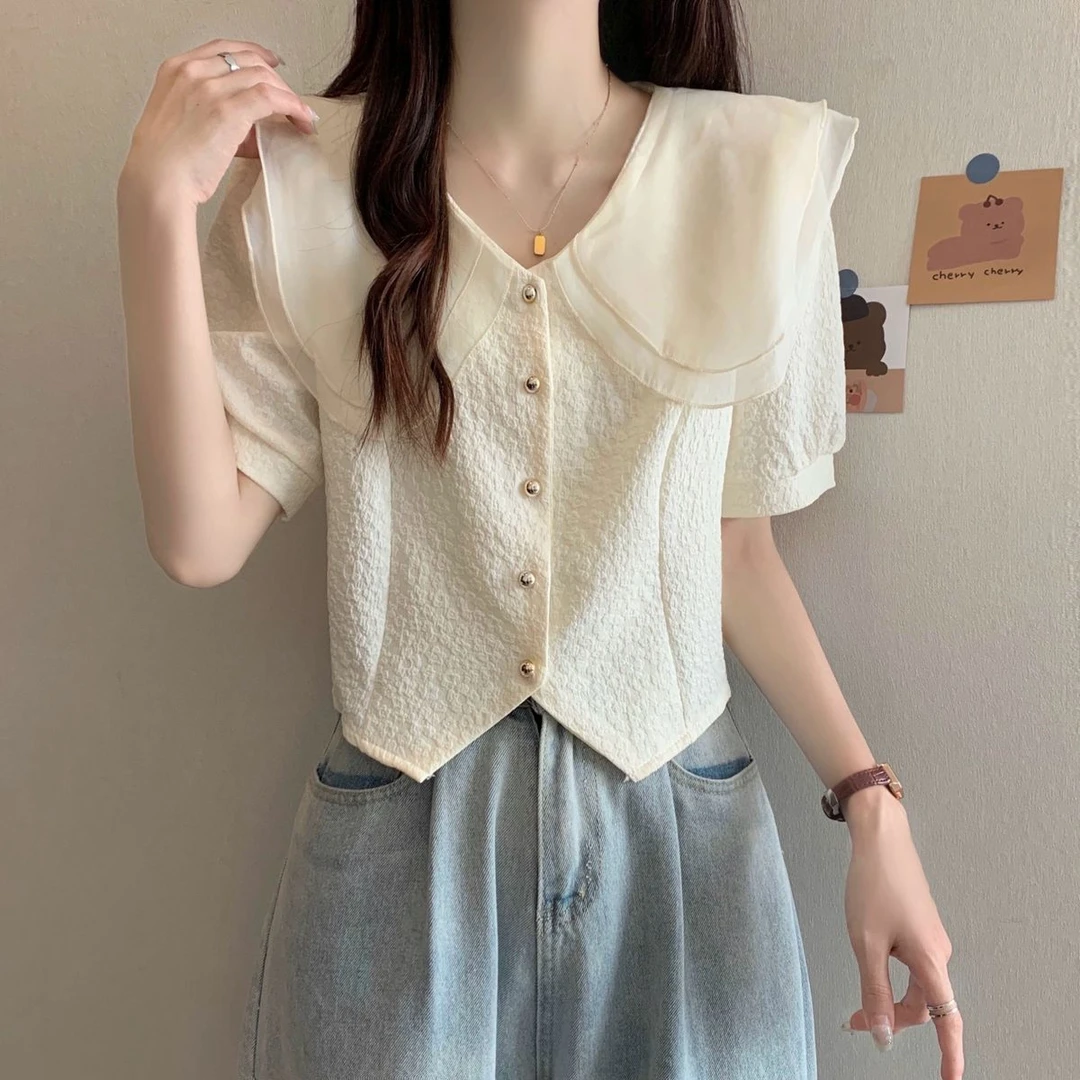大码女装胖mm2025夏季新款别致法式小香风雪纺娃娃领短袖衬衫上衣