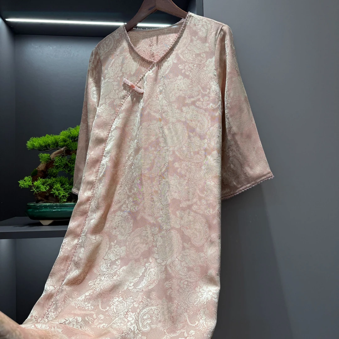 【沁桃海棠】中式复古斜襟盘扣传统改良夏季宽松气质连衣裙3066