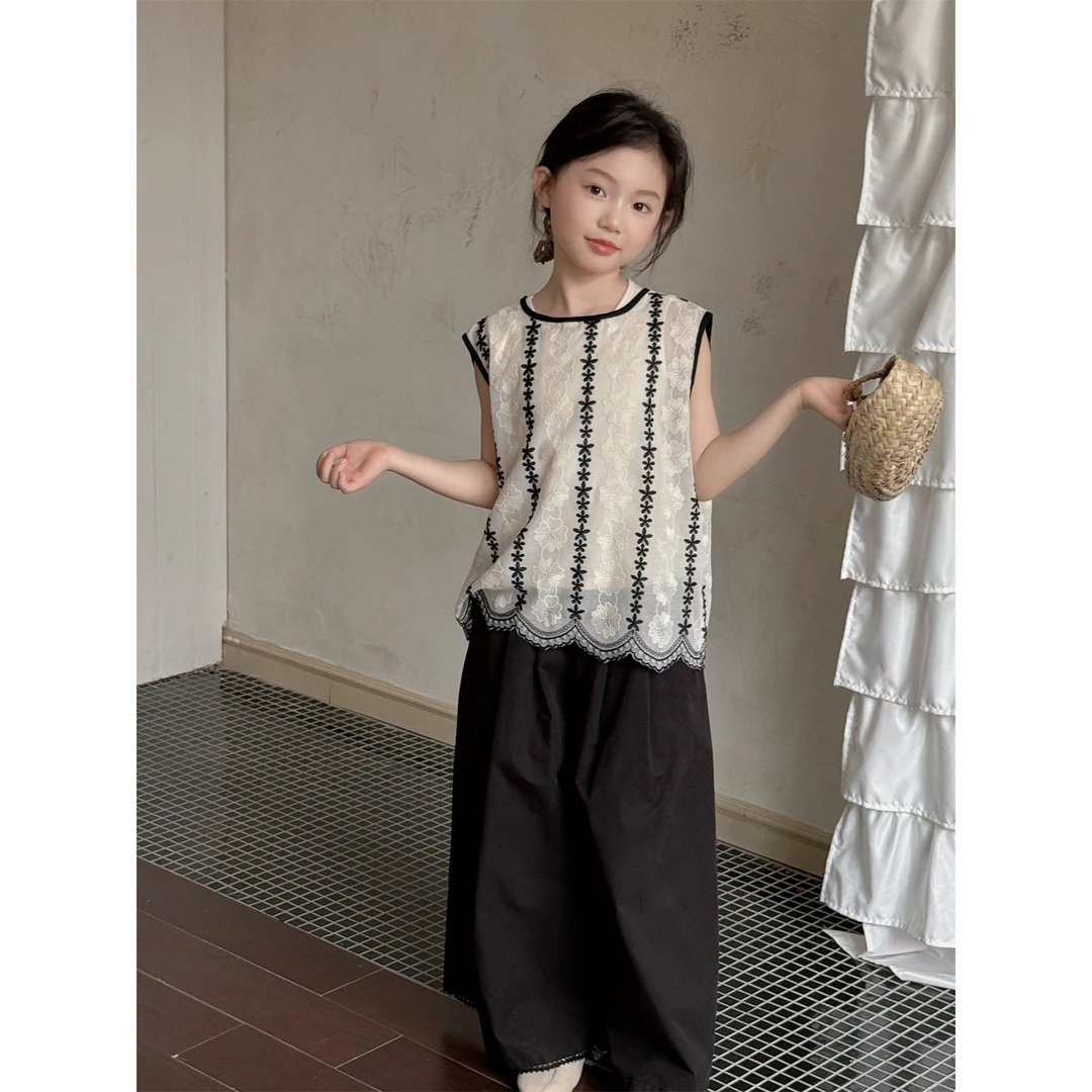 乐小悠童装女童上衣2025夏季新款韩版儿童无袖绣花边百搭休闲上衣