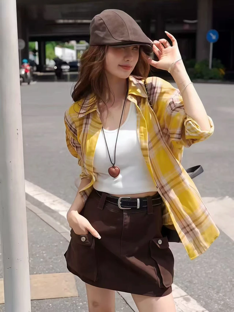 美式慵懒风黄色格子长袖衬衫女装2025早秋新款气质复古设计感上衣