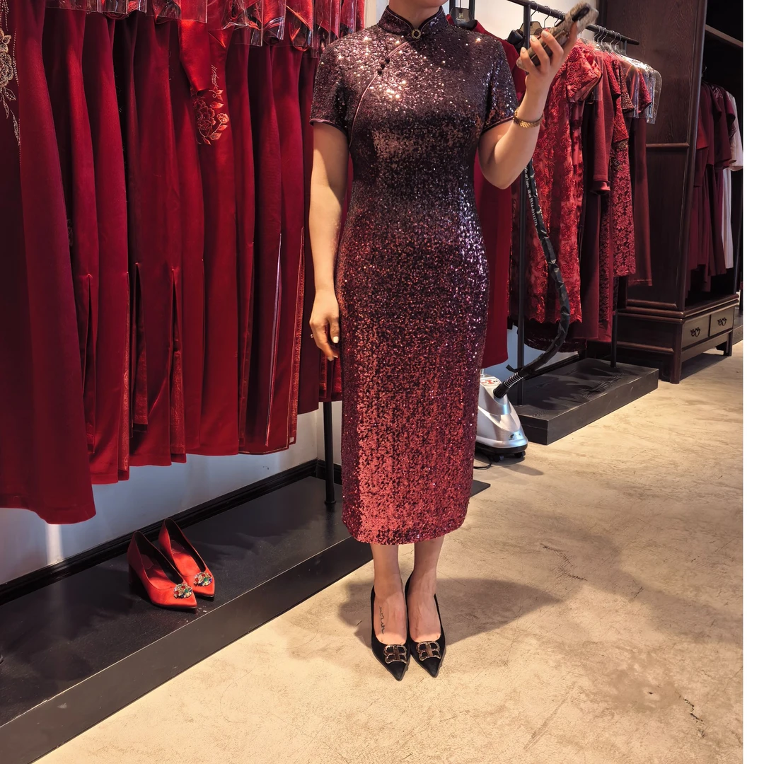 凤禧2025春亮片春秋丝绒渐变色晚宴旗袍宴会高贵礼服修身