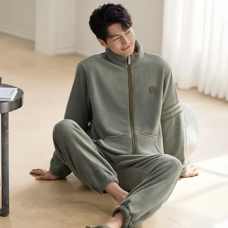 2025男款高端拉链套装法兰绒男士青年加绒睡衣立领家居服秋冬