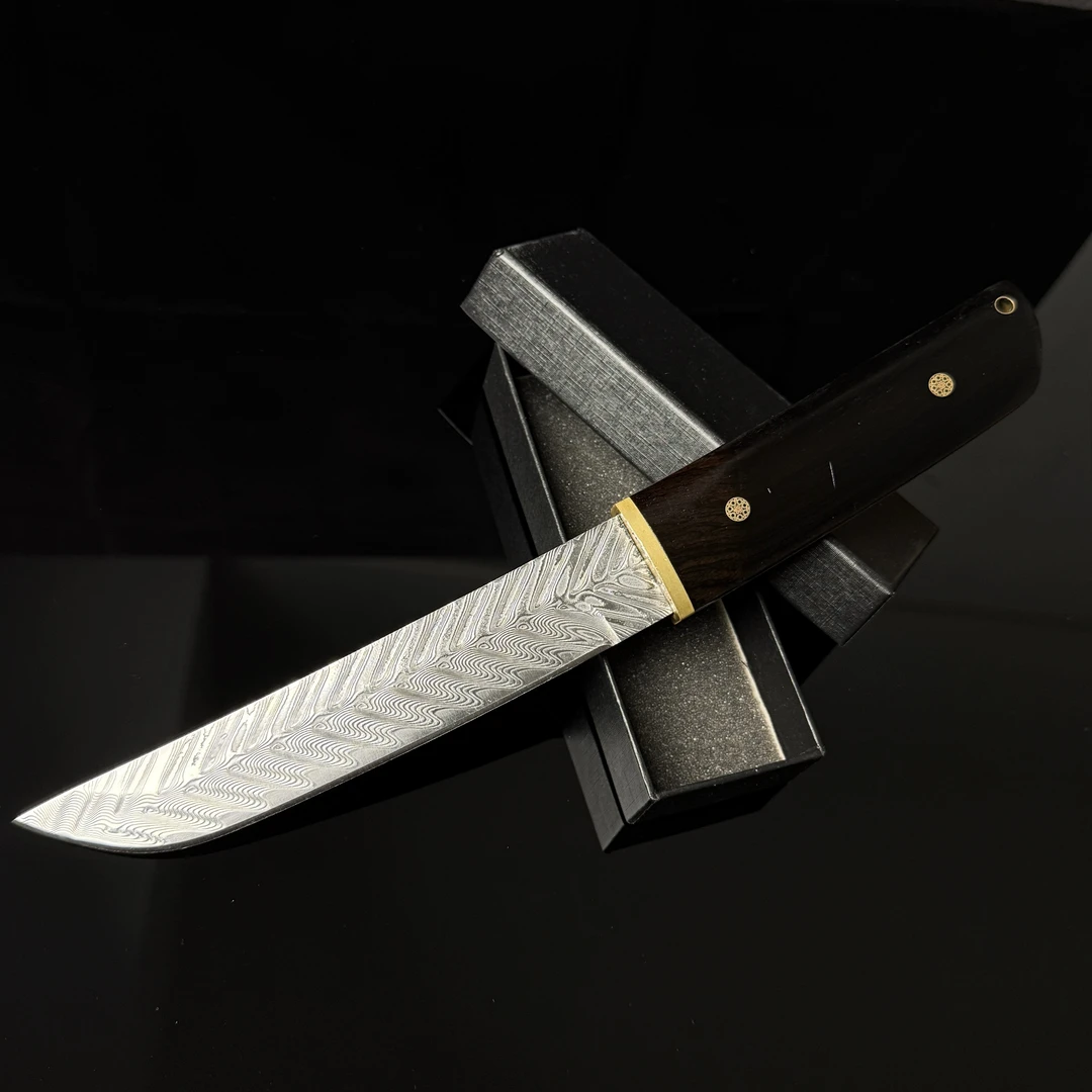 【高工款】莫桑比克特级紫光檀大马士革钢鱼骨纹露营户外刀