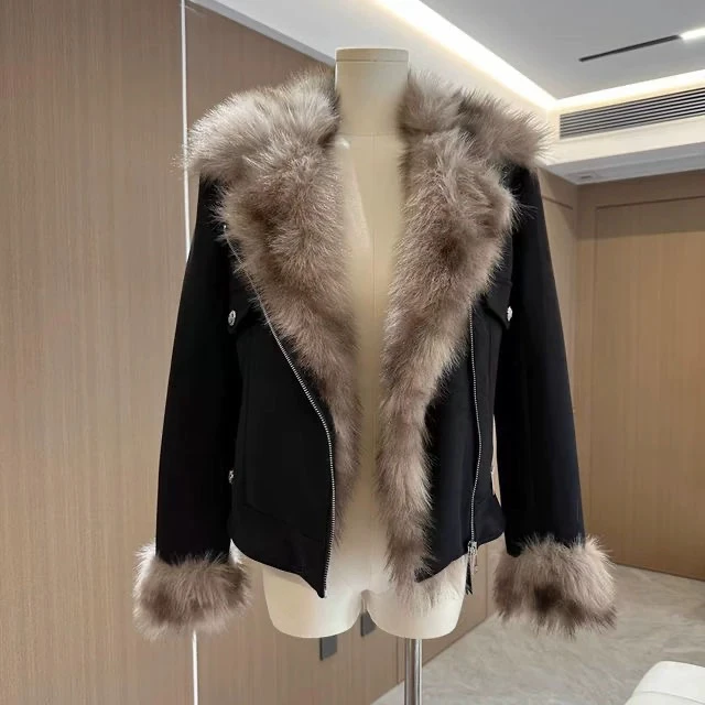 网红同款2024冬季新款酷辣环保毛翻领加厚机车麂皮绒短外套夹克女