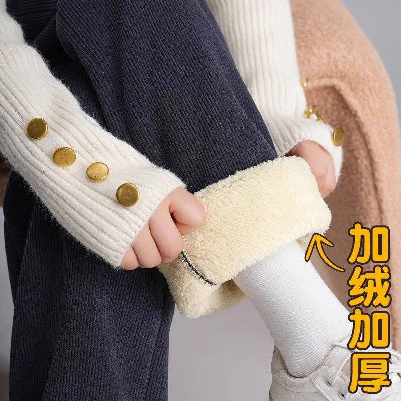 雪尼尔窄版阔腿裤女2024秋冬季新款羊羔绒棉裤高腰垂感加绒直筒裤