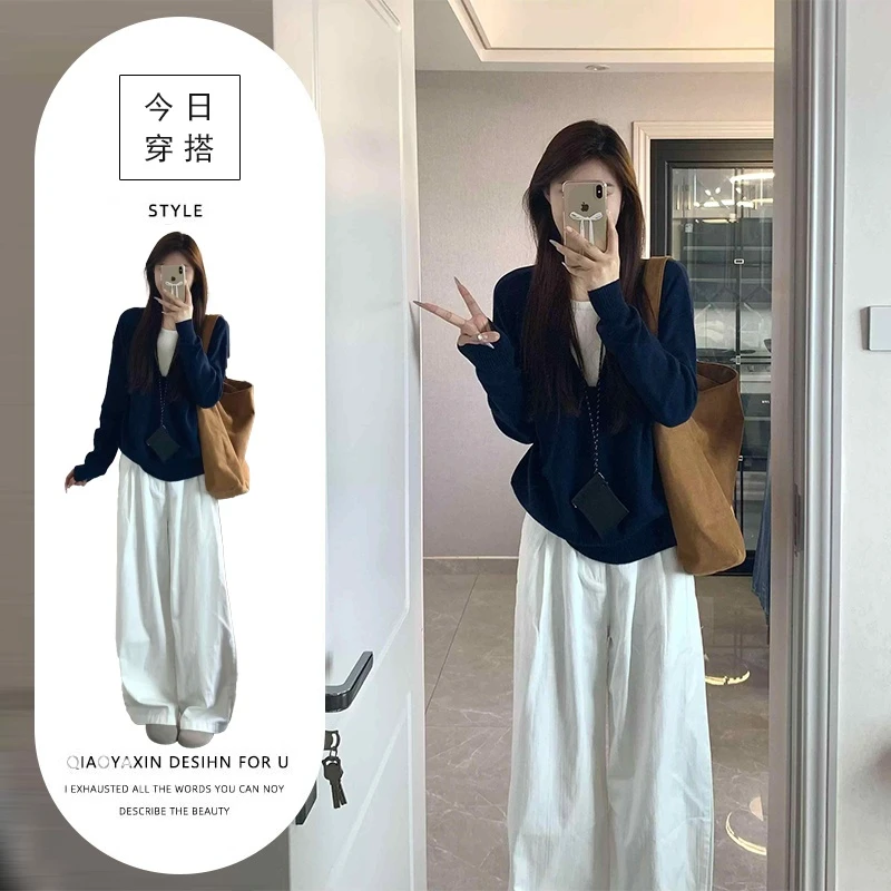 秋装搭配一整套大码微胖mm显瘦针织衫阔腿裤子时尚减龄气质套装女