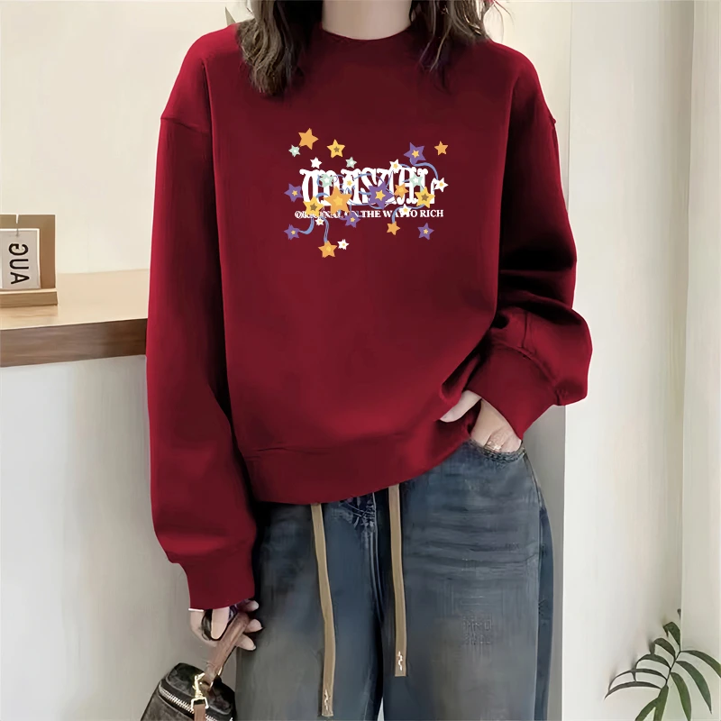 即墨保暖卫衣外套女2026新款秋冬加绒加厚韩版印花圆领上衣打底衫