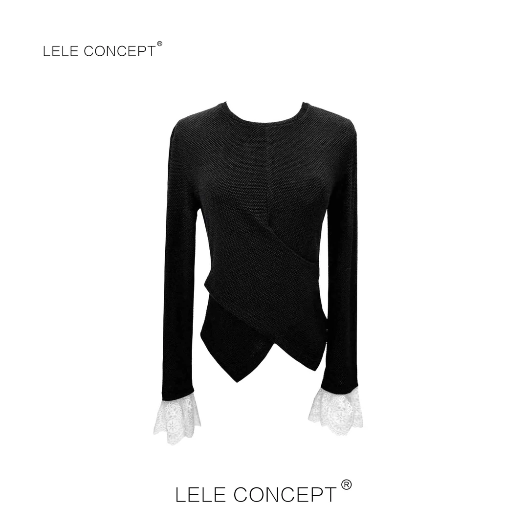 LELE CONCEPT 时尚法式修身轻奢蕾丝袖口不等式上衣S0736