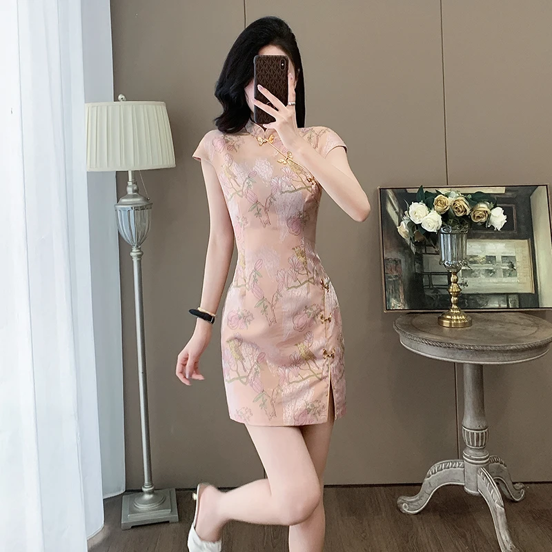 夏季时尚高端绝美修身旗袍短裙女国风盘扣新中式提花连衣裙高级感