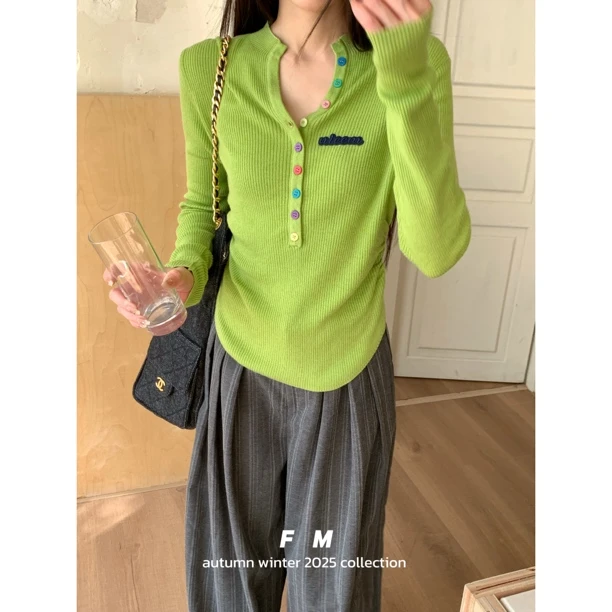 【赵小小&超绝版型】6379 韩系甜辣收腰显瘦长袖打底衫彩扣设计上衣