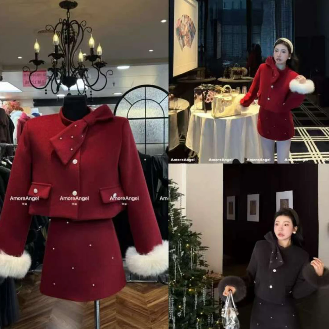 元元子专属圣诞跨年新款法式高级感千金风毛呢外套半身裙套装女