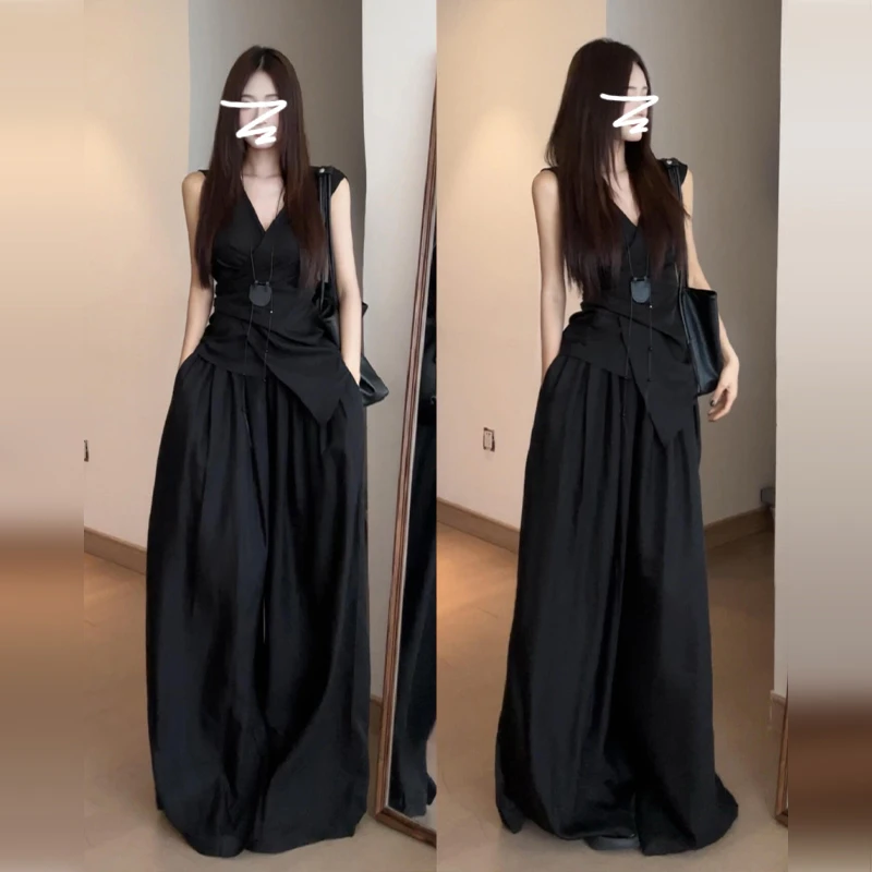 法式高级感御姐风穿搭黑色连衣裙子女冷淡系夏季上衣裤子套装长裙
