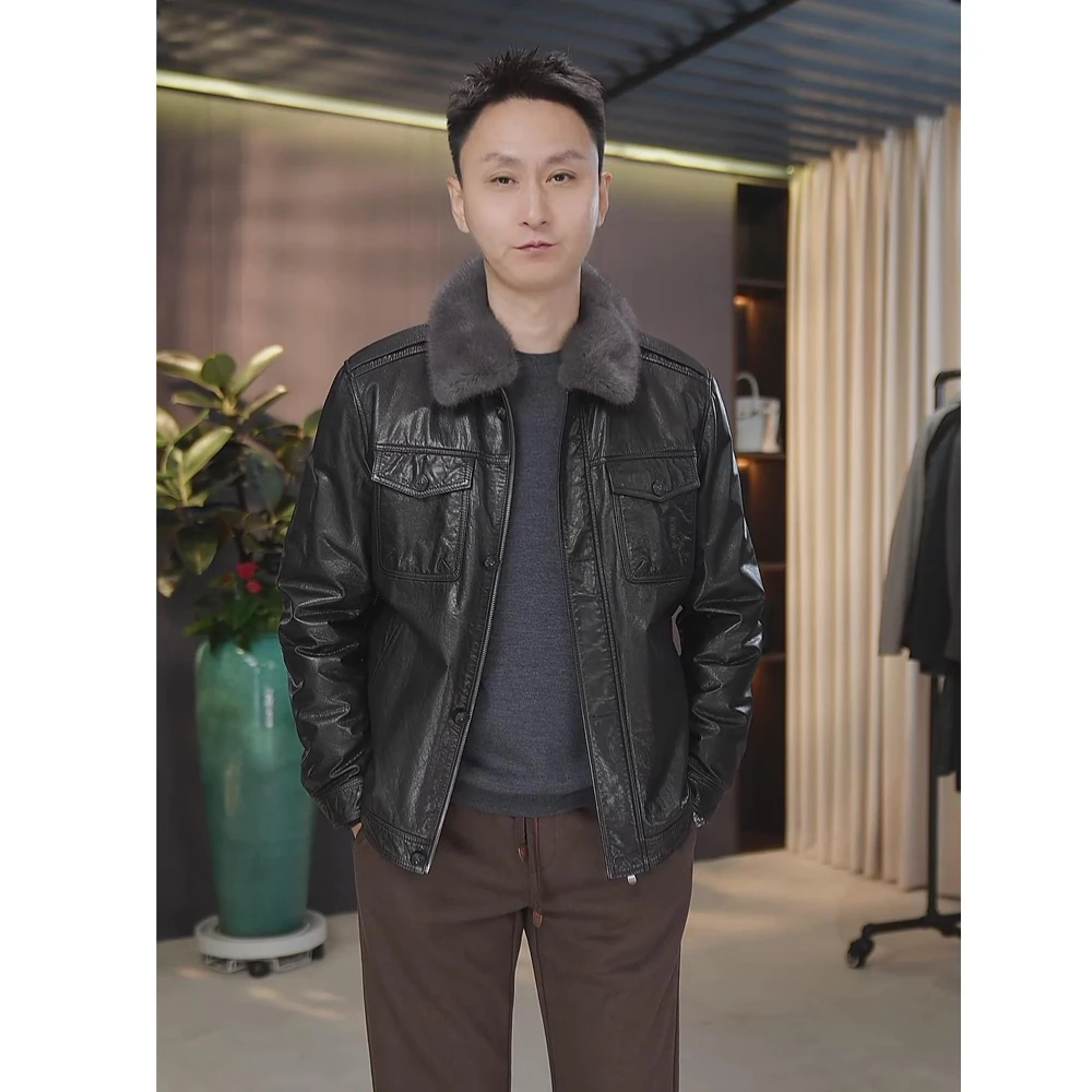 冬季黑色翻领水貂毛领可拆卸鹅绒男士牛皮皮衣外套 L长64.5左右