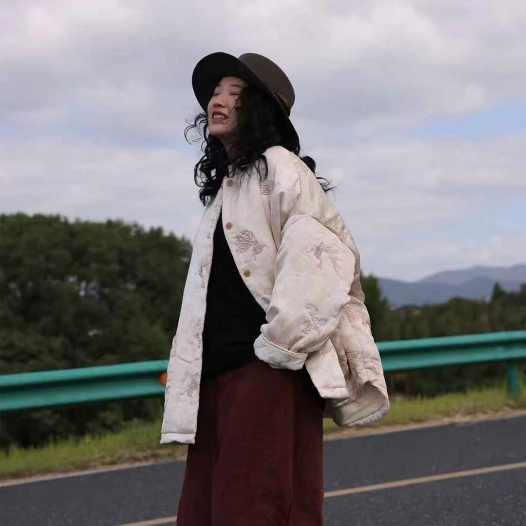 【寻苔棉麻】3909 丝质中式提花立领棉衣 古兰木