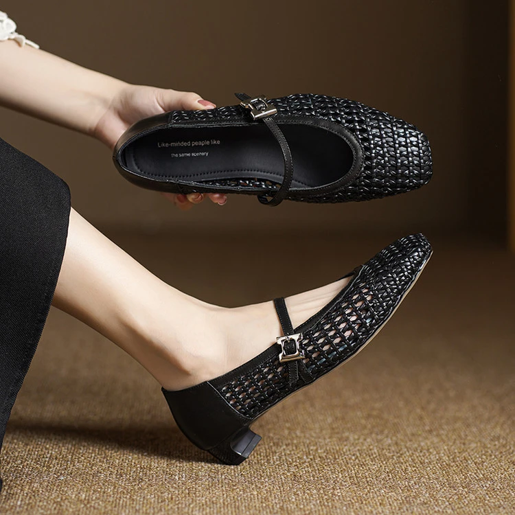 2.5cm 法式气质通勤休闲百搭粗跟浅口单鞋春季简约风时尚编织单鞋
