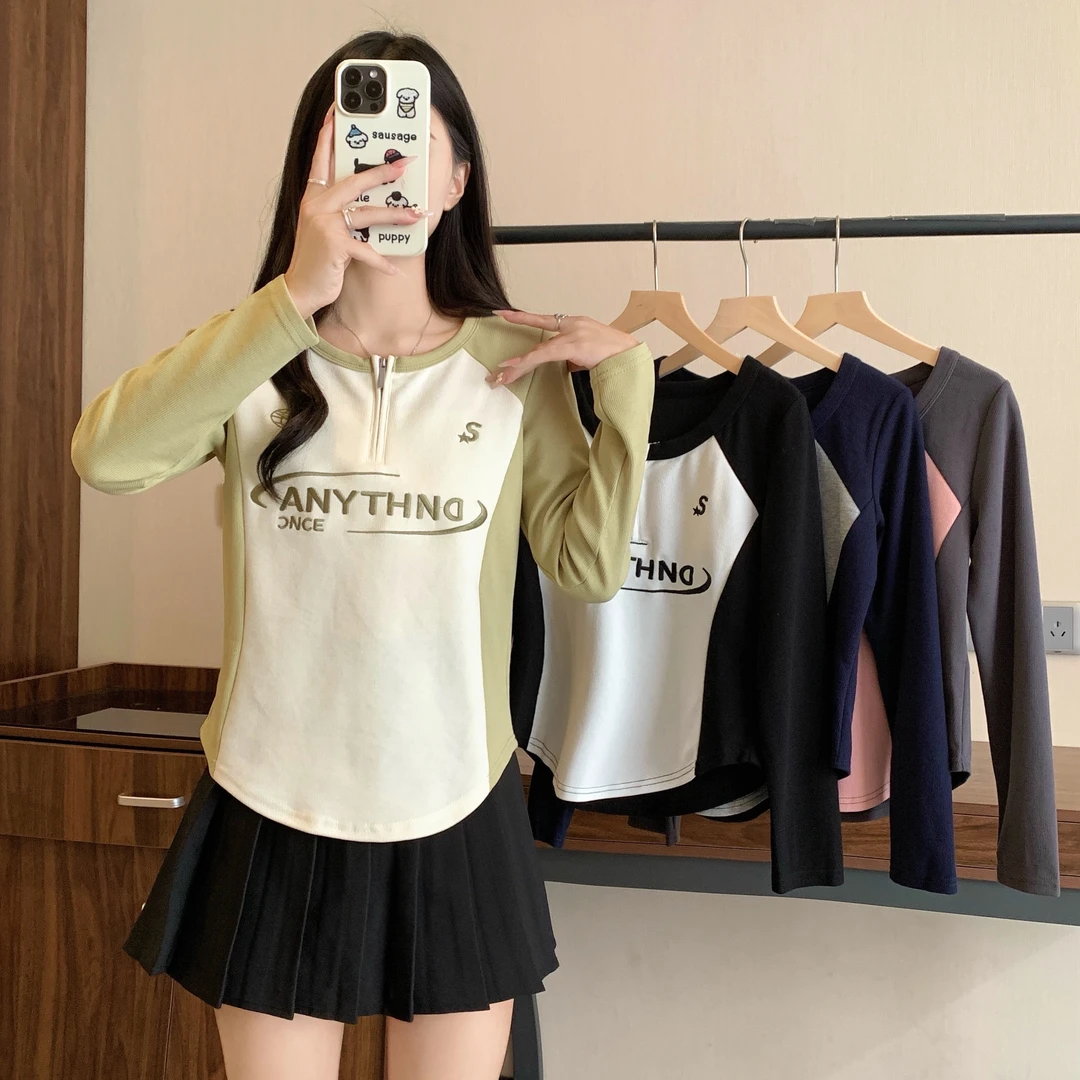 【wy】大码女装2025春节新款半拉链长袖印花拼色T恤上衣2907