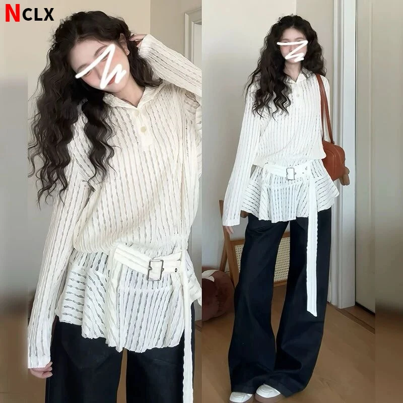 妮彩流行2025新款大码春季设计感镂空连帽卫衣胖MM法式宽松白色针